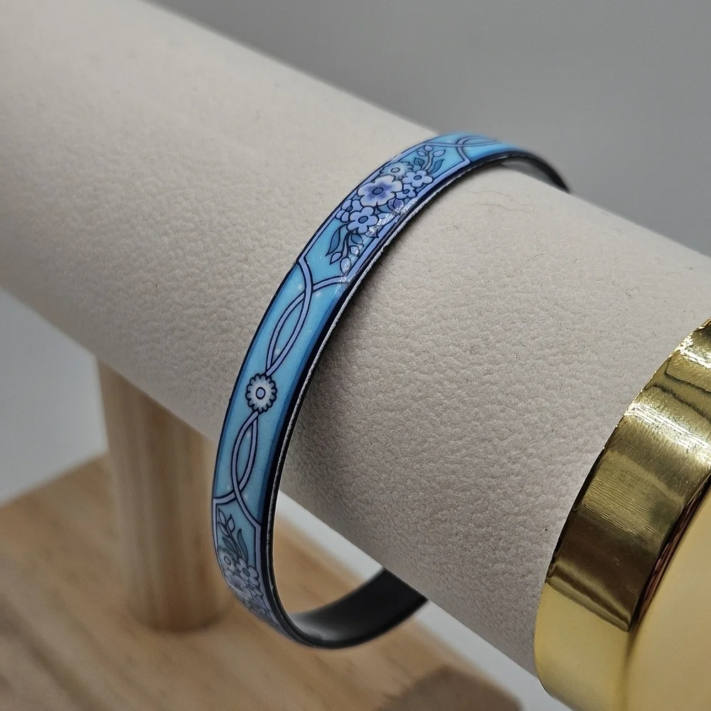 VINTAGE Michaela Frey Blue Floral Enamel Bangle Bracelet Made in Austria